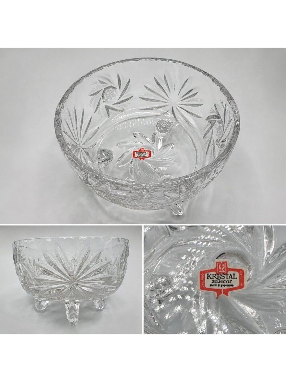 Kristal Zajecar Yugoslavian Crystal Footed Bowl with Floral Starburst Design